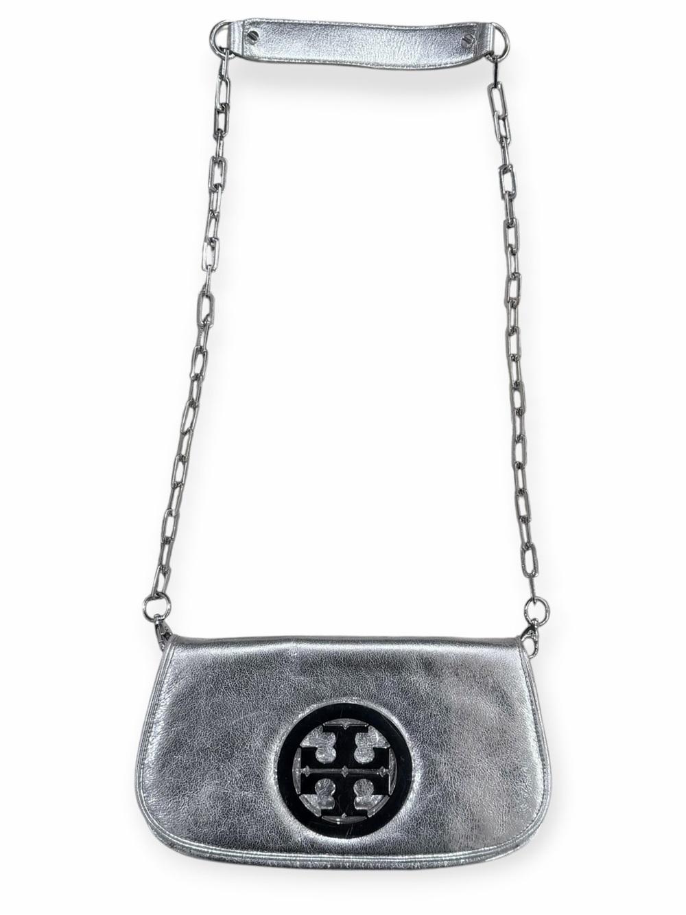 Tory Burch Metallic Silver Leather Chain Shoulder Crossbody Bag Double T Logo